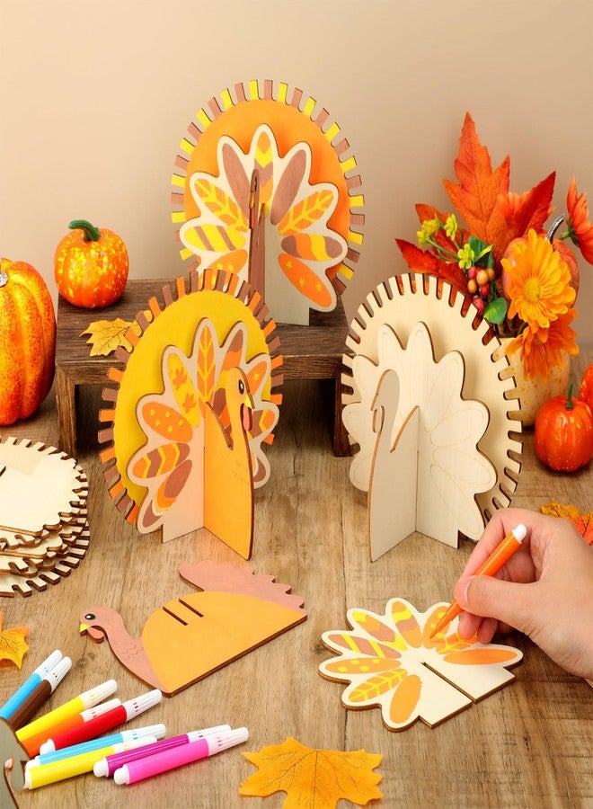 Blueweenly 12 Set Thanksgiving Turkey Wood Crafts to Paint for Kids DIY Turkey Craft Kits with Brush Paintable Unfinished Wooden Slices Fall Cutouts Ornaments Party Favors Wooden Painting Gifts - Image 4
